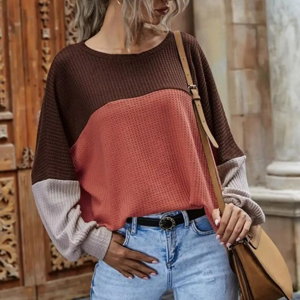 

Women Casual Blouse Skin-friendly Comfy All Match Color Block Waffle Autumn Round Neck Long Sleeve T-shirt Streetwear for Party