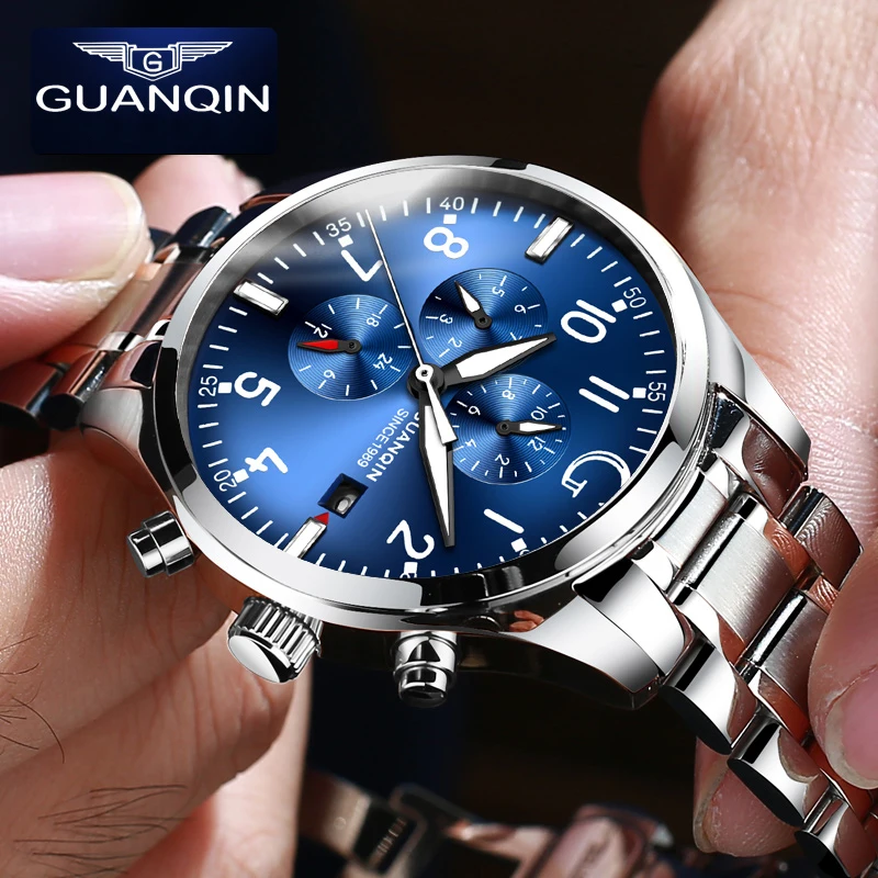 GUANQIN Men Automatic watch Waterproof Business Mechanical Wristwatch Fashion Male Clock Watches Week Date Blue men watches enlarge