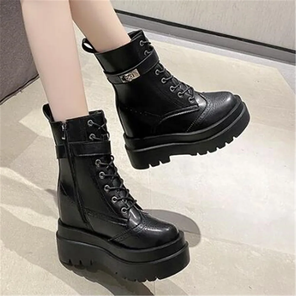 

Winter Warm Leather Chunky Sneakers Women Fashion Buckle Hidden Heels Ankle Boots Female High Heels Platform Hollow Out Shoes