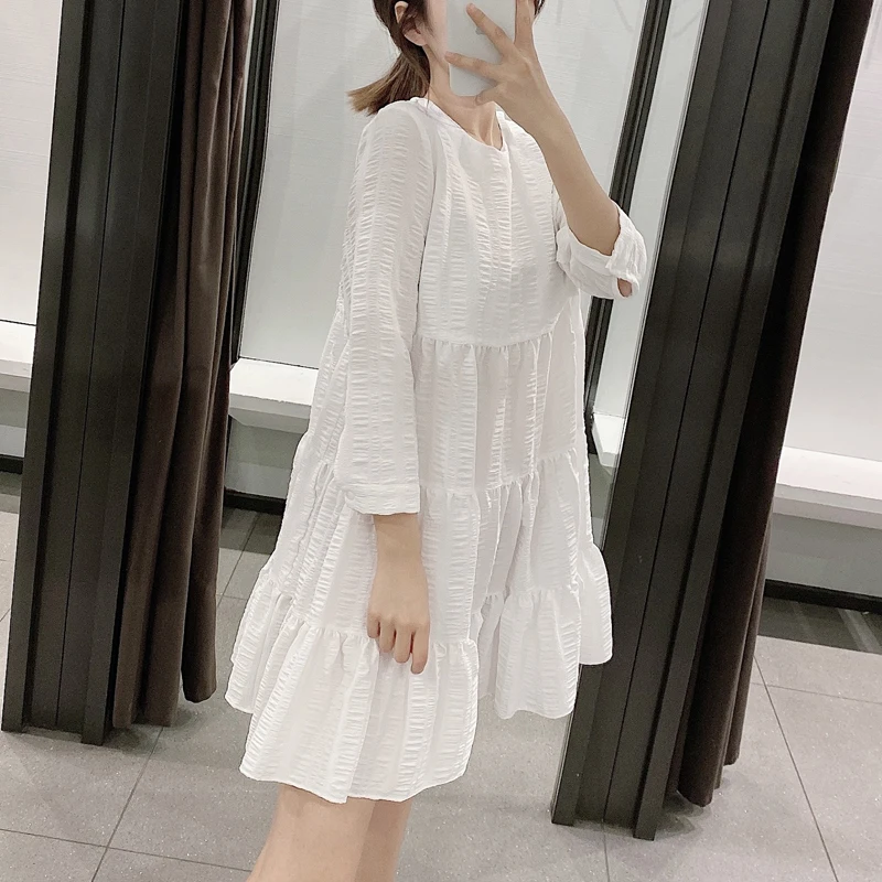 Женское повседневное однотонное платье свободное с круглым вырезом и