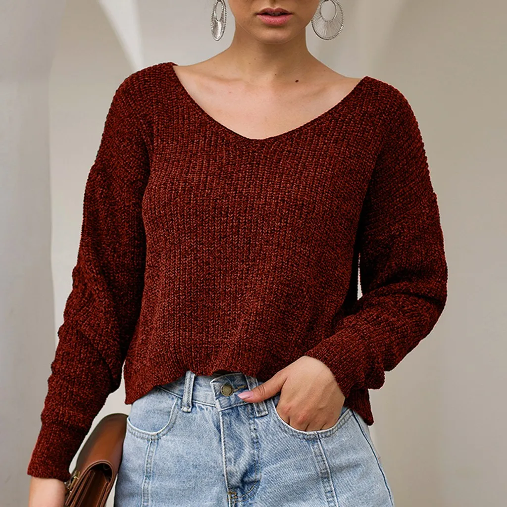 

Модный теплый однотонный вязаный свитер, повседневный осенне-зимний Свободный пуловер с V-образным вырезом, топы для женщин, женские блузы с...