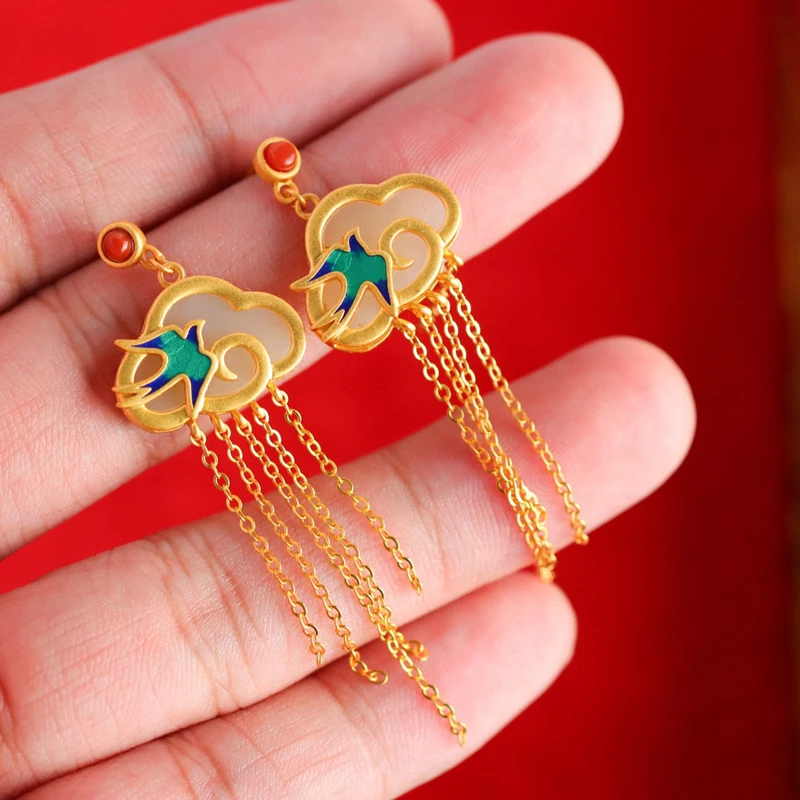 

Retro Matte Gold Tassels Drop Earrings Auspicious Clouds Hetian Stone Enamel Swallow Fine Jewelry For Women Engagement Party