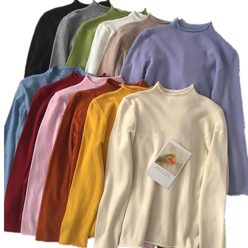 

Однотонный женский хлопковый свитер, осенняя Женская модная футболка с коротким высоким воротником и длинным рукавом, 3002 34