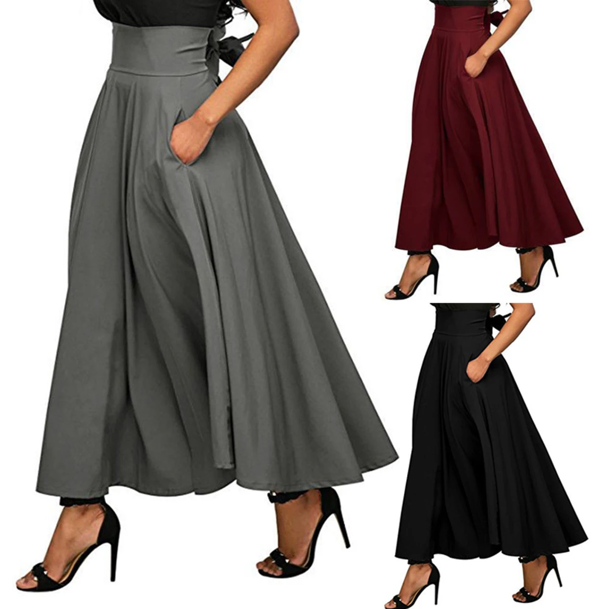 3 Colors High Waist Pleated Long Skirts Women Autumn Solid Wine Red OL Work Formal All-matching Flared Full Maxi Skirt Swing