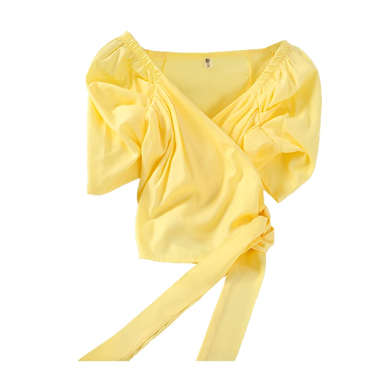 

Fast Shipping Cheap Blouse Solid Color Lace V-neck Women's New Design Temperament Ladies Tops Bandage Hollow Out Blouse