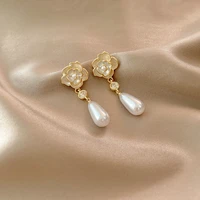 new simple flower pearl pendant earrings womens korean fashion jewelry elegant accessories wedding party ladies