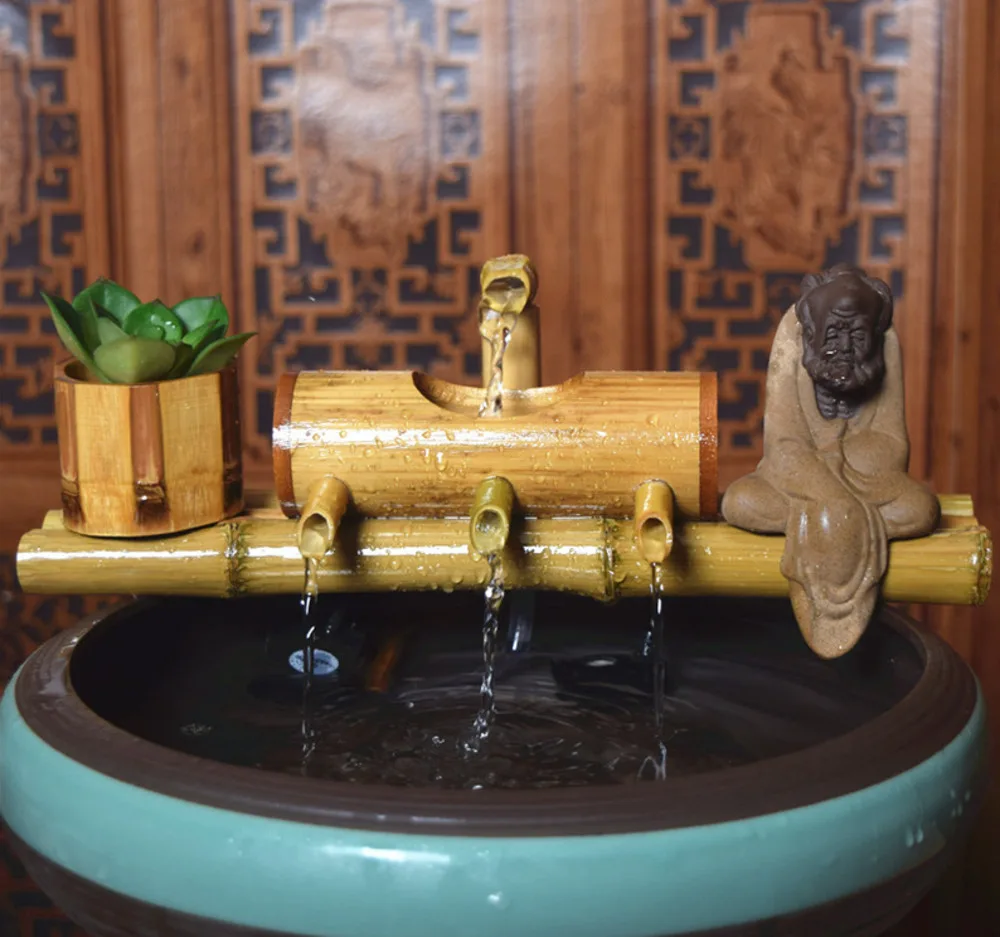 Bamboo Aquarium Water Recycling Feng Shui Decoration Tube Water Fountain Stone Trough Filter Office Desktop Furnishings