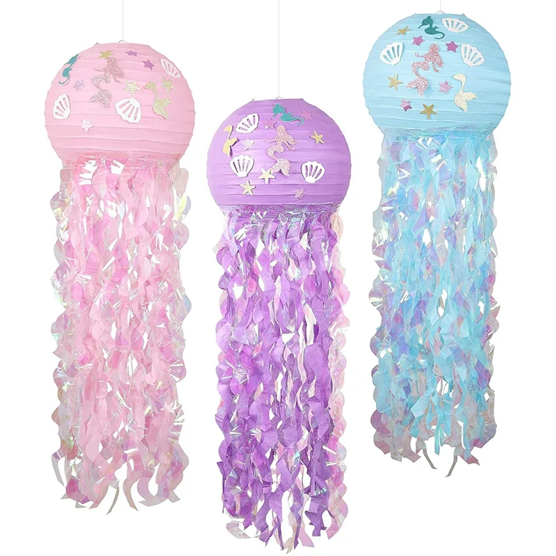 

Mermaid Hanging Jellyfish Paper Lanterns Kit 3 Pack Colors Wish Paper Lanterns for Bedroom Ocean Theme Party Decoration