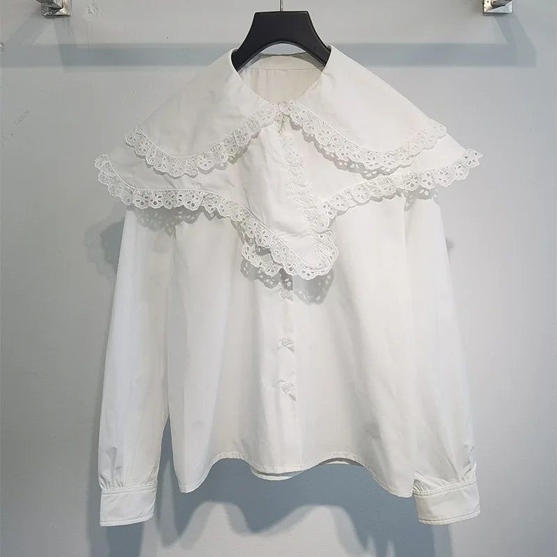 

Sweet Long Sleeve Shirt for Ladies 2021 Spring New Sailor Collar Ruffled Lace Stitching Personality White Blouses Women Tops
