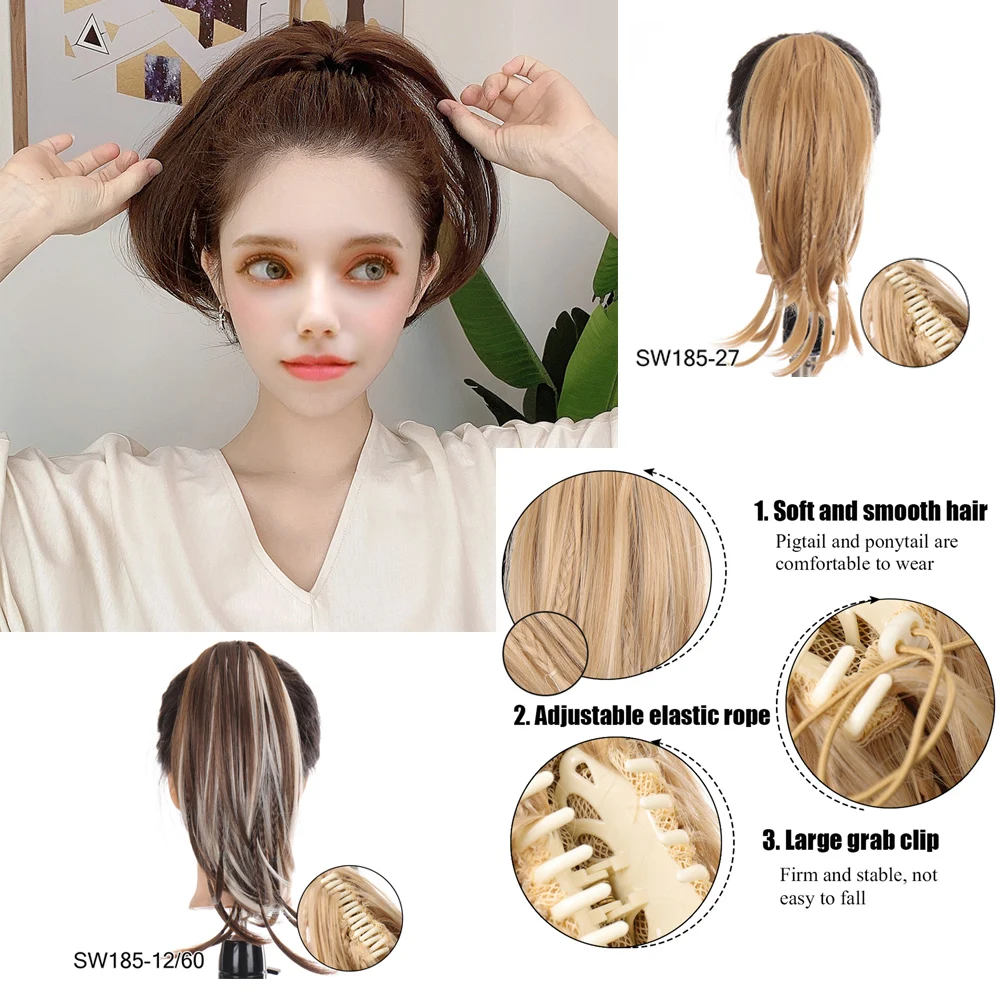 WEILAI  Short Straight Claw Clip Small Braid Ponytail Cute Girl Hair Heat-Resistant Synthetic Black Gray Gold Wig