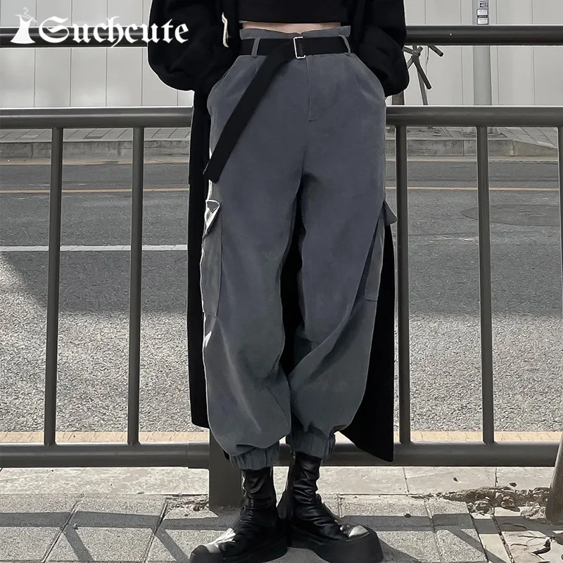 

SUCHCUTE Gothic Punk Style Women's Cargo Pants With Sashes Harajuku Casual Loose Harem Pants Streetwear Fashion Female Trousers