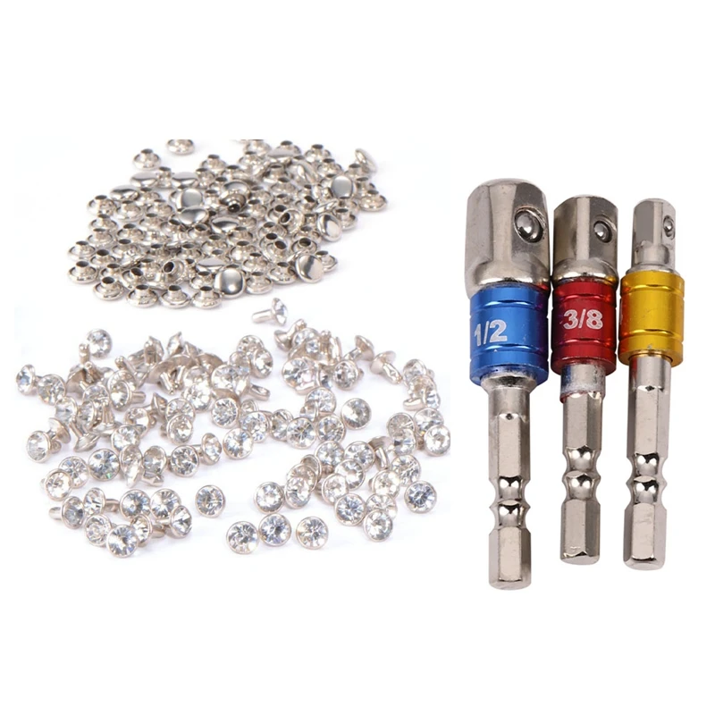 

100PCS DIY Nail With Diament Rhinestone Rivet Brilliant 7Mm Silver With 3PCS Impact Socket Adapter/Extension