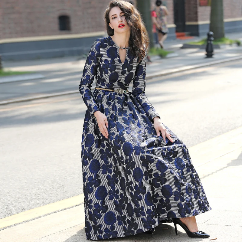 Vestidos, женское повседневное длинное платье макси с длинным рукавом, Осень-зима, цветочное жаккардовое модное женское синее винтажное осеннее платье в стиле бохо, распродажа