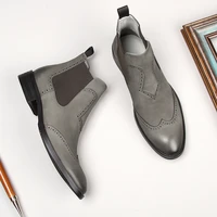 brand handmade new gentlemen vintage leather boots british style men black gray botas slip on wedding shoes male chelsea booties