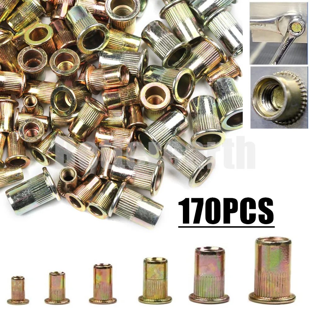 

170PCS M3 M4 M5 M6 M8 M10 Carbon Steel Rivet Nuts Insert Rivets Multi Size Flat Head Rivet Nuts Set Threaded Insert Nut Kit