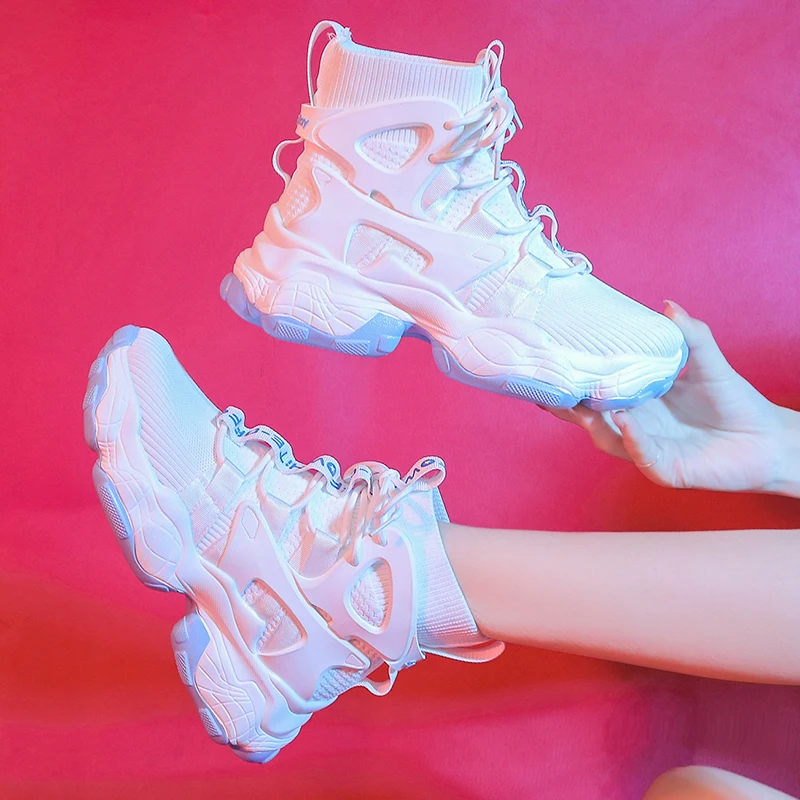 

Женские сетчатые кроссовки на танкетке, белые кроссовки с высоким верхом, повседневная обувь на массивной подошве для осени, 2021