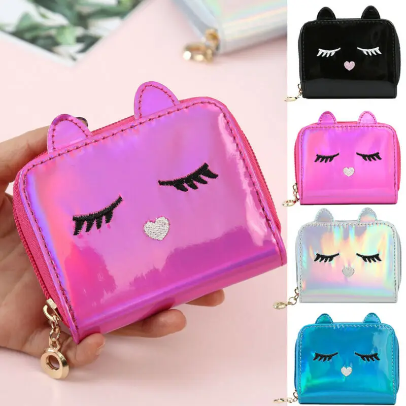 Новинка 2019 женские милые кошельки для монет с кошкой PU кошелек голограммой клатч