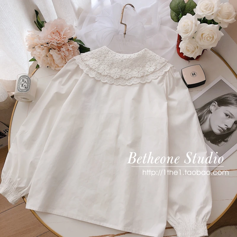 

Women White Blouse Doll Collar Shirt Women's Tops 2021 Spring Autumn Long Sleeve Plain Casual Camisas Mujer Button Up Shirt