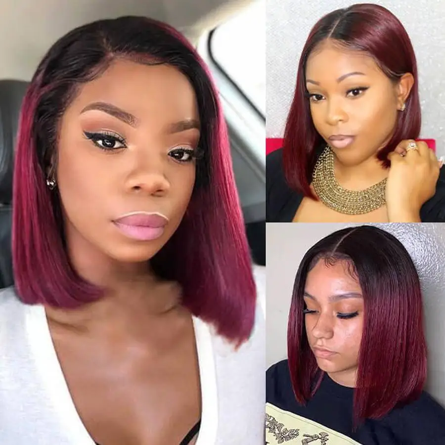 4X4 Closure Wig Burgundy 99J Color Pixie Cut Short Bob Human Hair Lace Front Wigs For Black Women Preplucked Brazilian Remy Hair