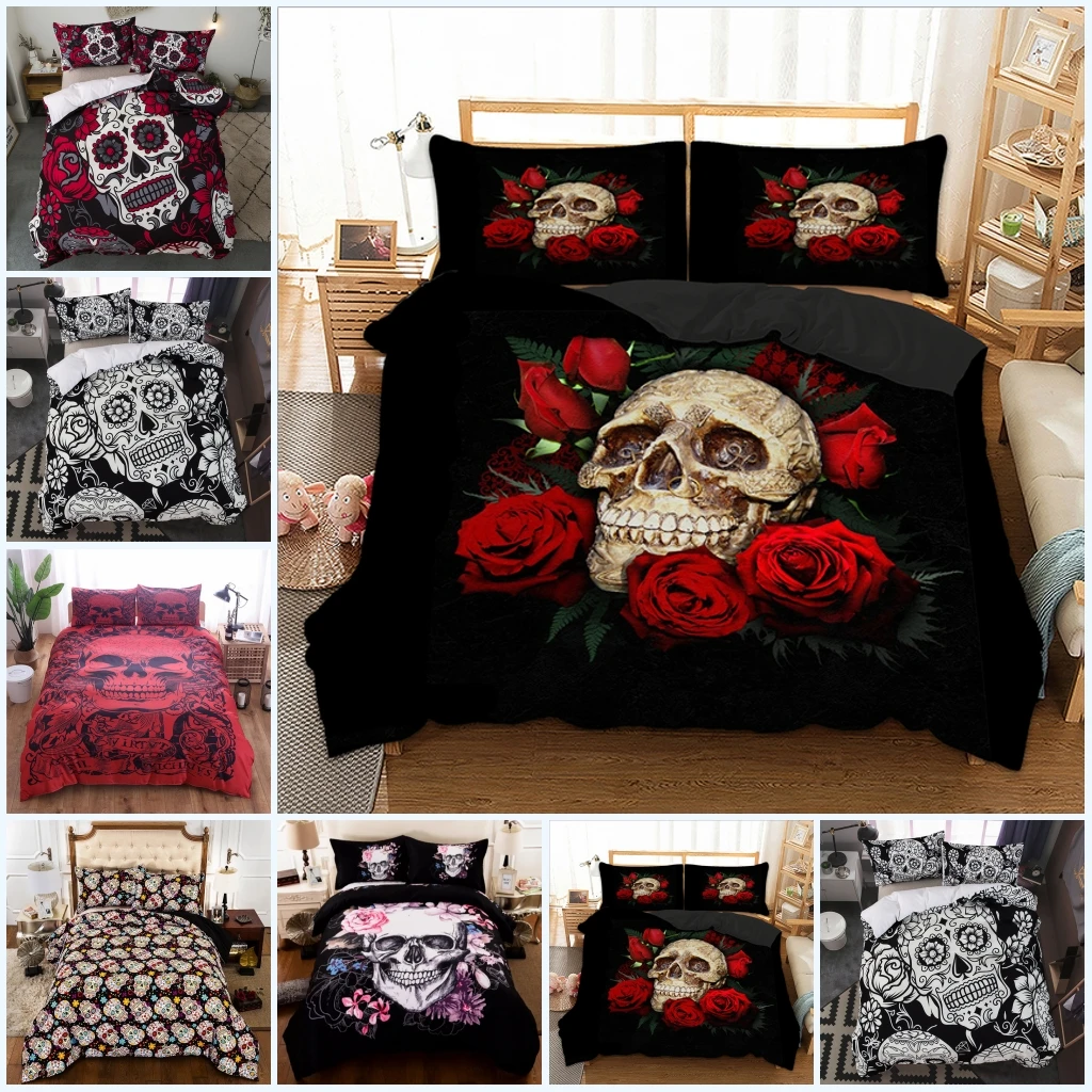 

Sugar Skull Duvet Cover Set Gothic Skulls Bedding Set Bones Roses Flowers Print Comforter Cover Set 3pcs Decorative Quilt Cover