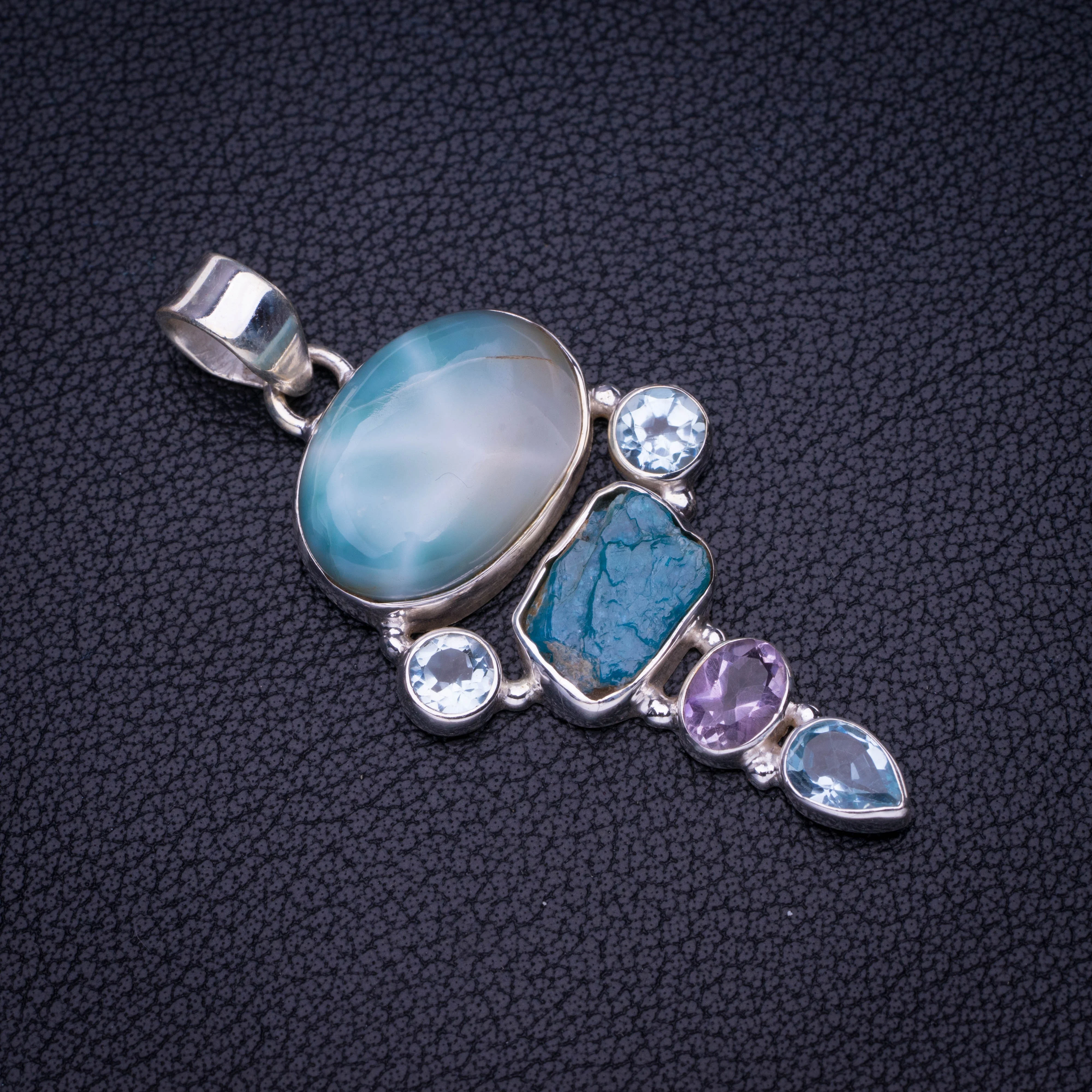 

StarGems натуральный Карибский Ларимар аметист, синий топаз и Апатит ручной работы 925 пробы серебряный кулон 2 "E3620