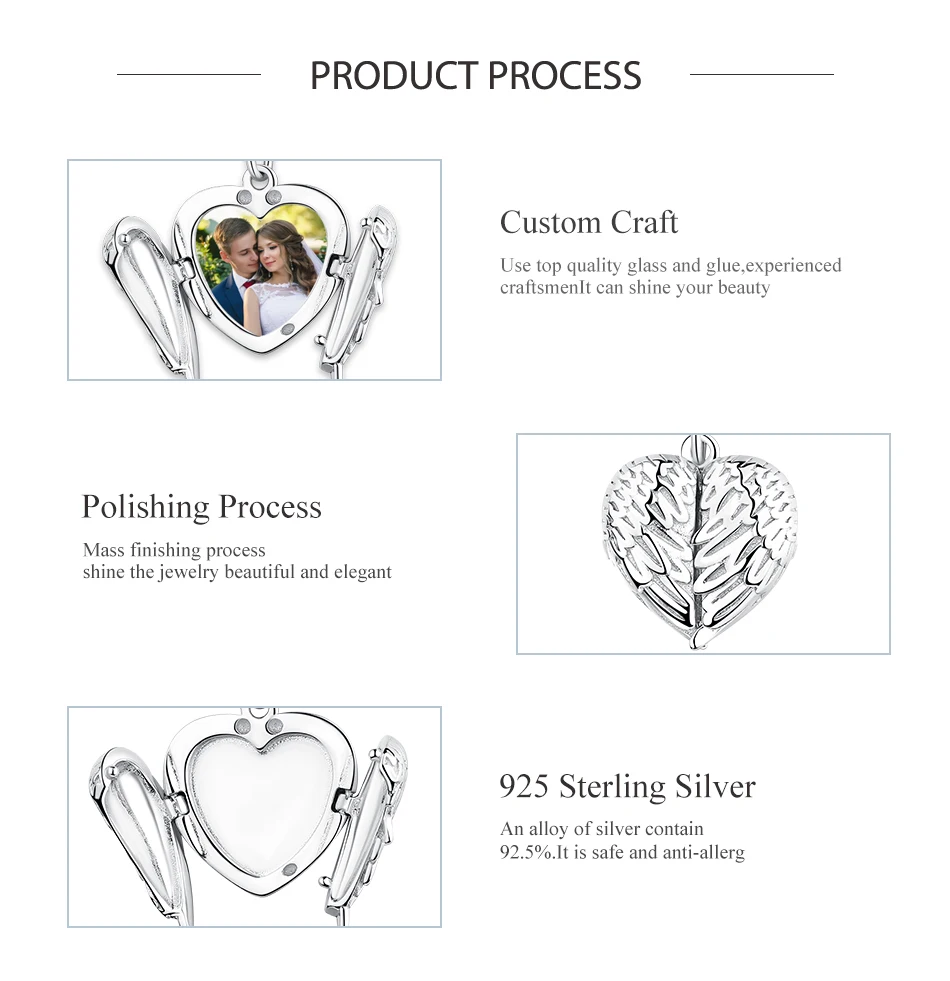 Love Heart Charm Open Angel Wings Custom Photo Beads fit Necklace Pendant Couple Personalized Charms 925 Sterling Silver Jewelry | Украшения