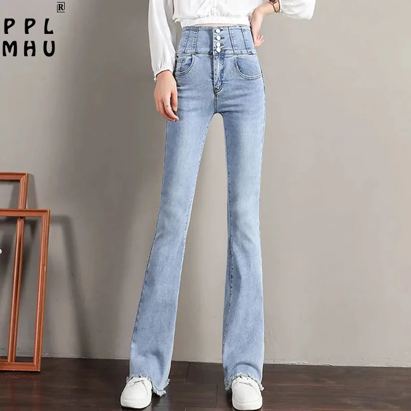 

Классические Облегающие расклешенные джинсы с высокой талией, женские уличные эластичные джинсовые брюки-клеш, облегающие однобортные брю...