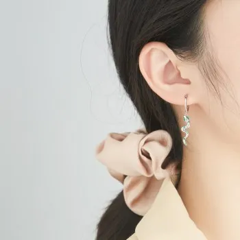 

Pure silver Snake Earrings simple heart green zircon earrings for women