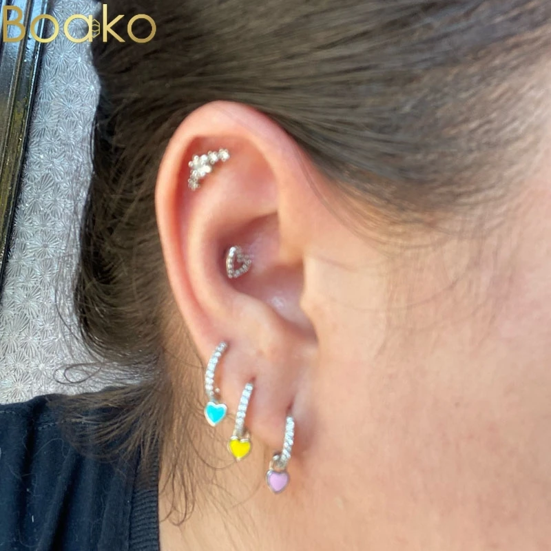 

BOAKO 925 Sterling Silver Colorful Zircon Piercing Huggies Earrings for Women Girls Lovely Round Cartilage Stud Earring Jewelry
