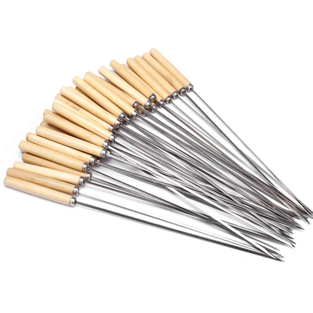 

8pcs / Set Barbecue Skewer Kabob Skewer BBQ Stick Outdoor Camping Kitchen BBQ Tools Accessories Wooden Handle Stainless Steel