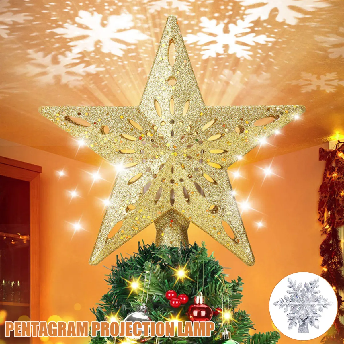 

Christmas Star Decoration LED Projection Light Tree Top Rotating Snowflake Pentagram Projection 2022 Christmas Tree Topper Light