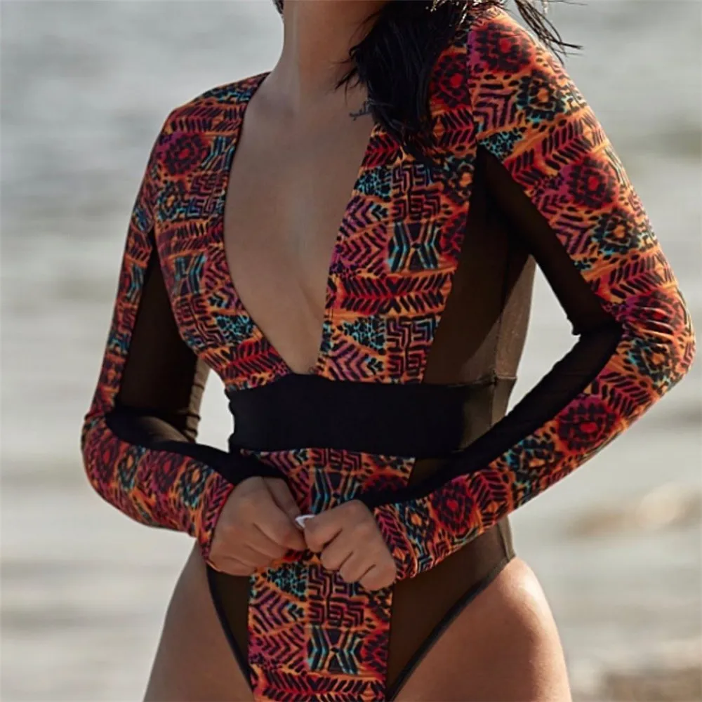 Женский купальник с длинным рукавом принтом пуш-ап Цельный высоким вырезом для