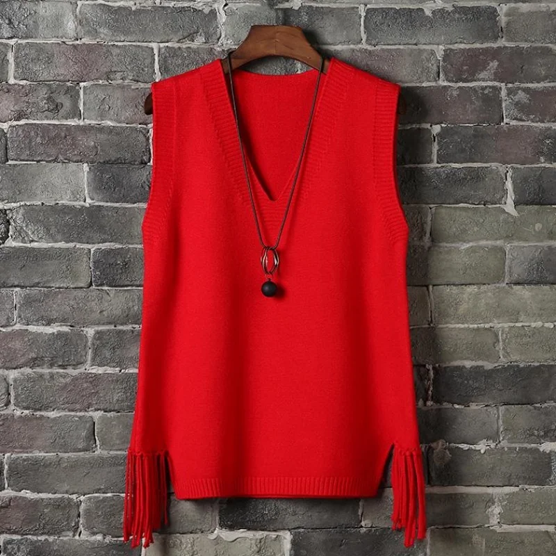 Женский свитер жилет без рукавов вязаный пальто корейский Однотонный пуловер с