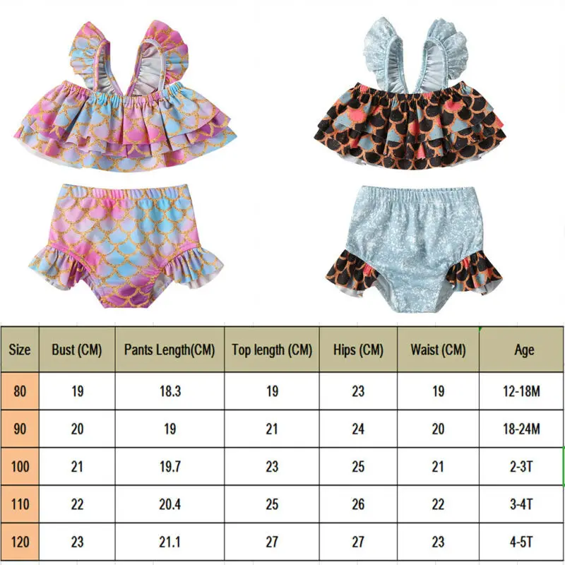 Детский купальник 2Pcs 2020 Fashion Trend с принтом рыбьих чешуек маленькой русалки и оборками для девочек на летний пляжный отдых.