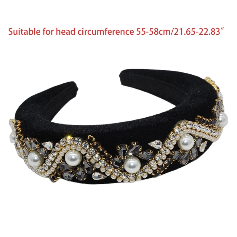 

Exaggerated Women Sponge Padded Headband Wavy Faux Pearl Rhinestone Hair Hoop Velvet Shiny Jewelry Geometric Bandana