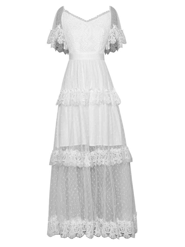 

New 2021 Summer Long Party Evening Vestidos High Quality Women V-Neck Sexy Tulle Mesh Patchwork Flare Sleeve Lace Maxi Dresses