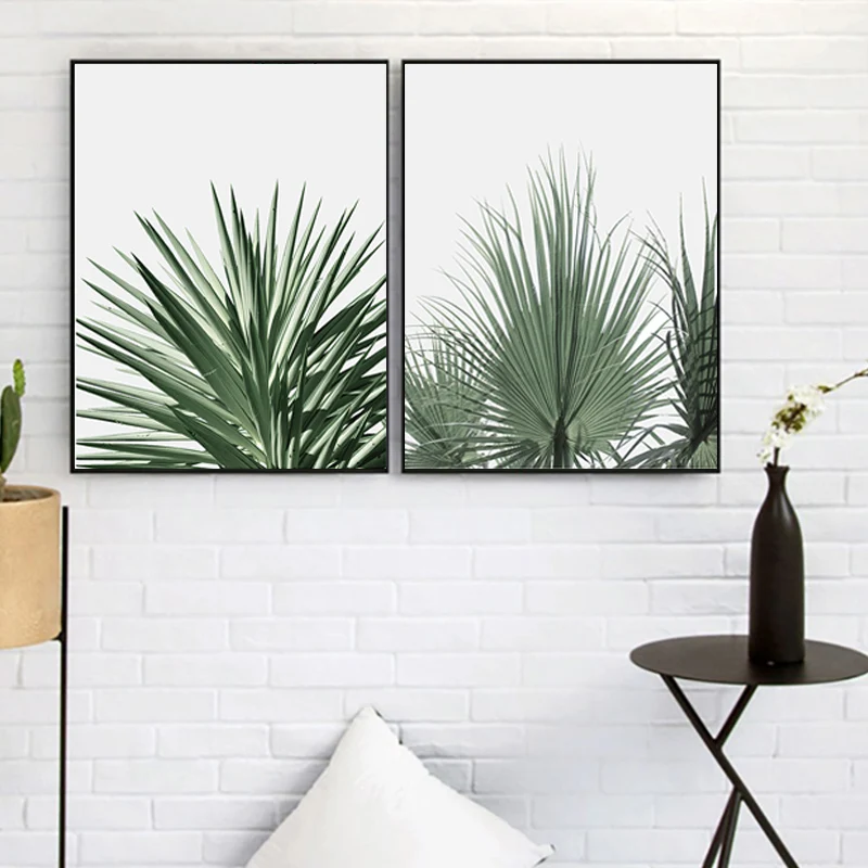 Скандинавская ботаническая Картина на холсте с зелеными листьями настенный