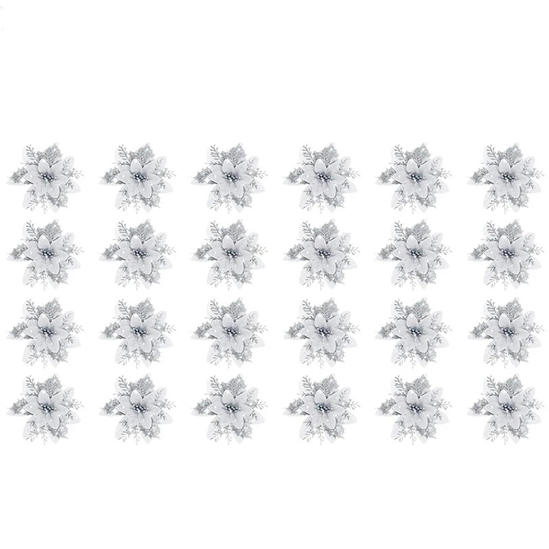 

24 Pcs Christmas Artificial Glitter Flowers Christmas Tree Decoration for Wedding Party Decoration DIY Garland, Silver