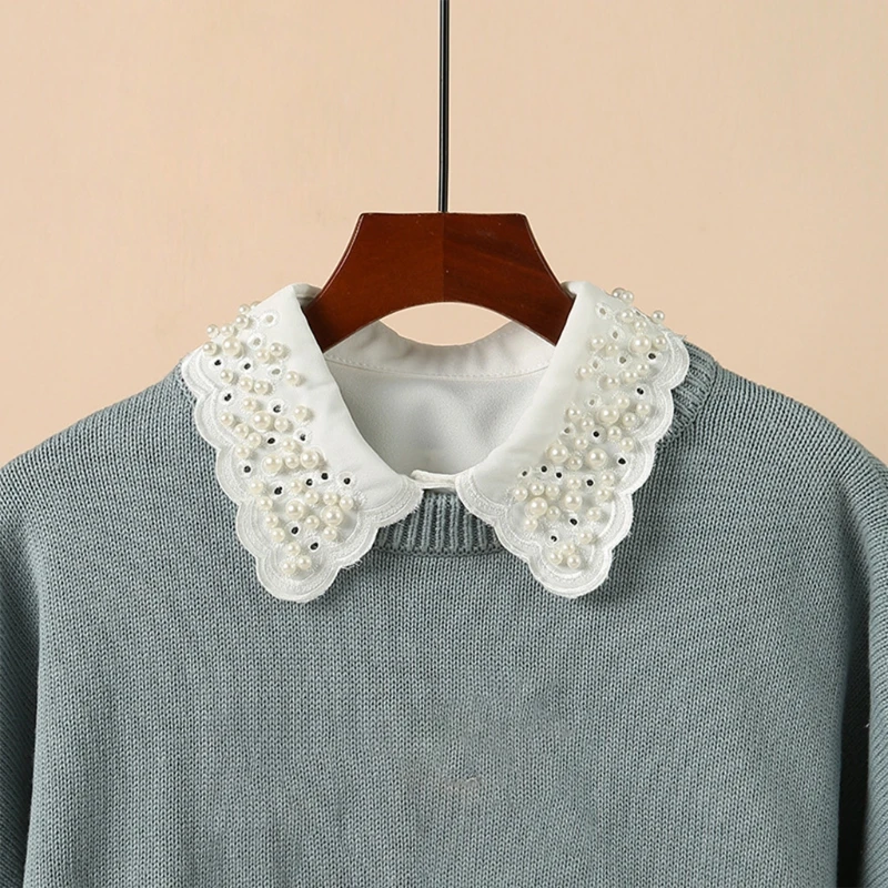 

U90E Imitation Pearl Beaded Fake Collar for Women Detachable White Dickey Blouse Hollow Out Embroidery Scalloped Half Shirt