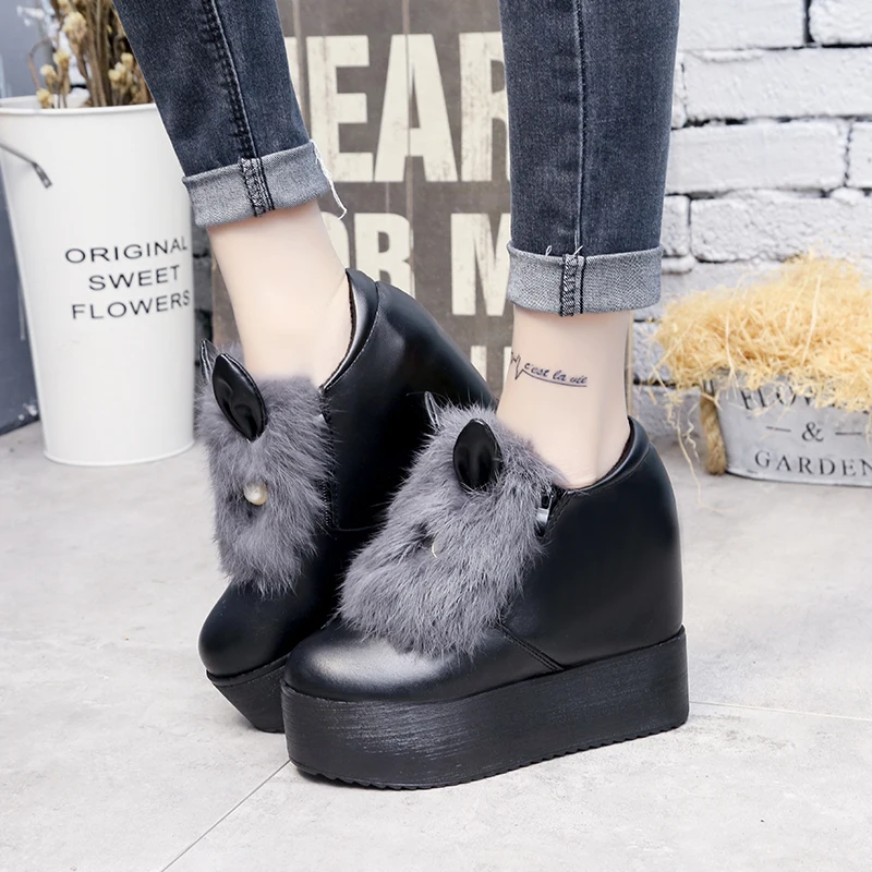 Новинка плюшевые зимние ботинки на очень высоком каблуке с кроликом