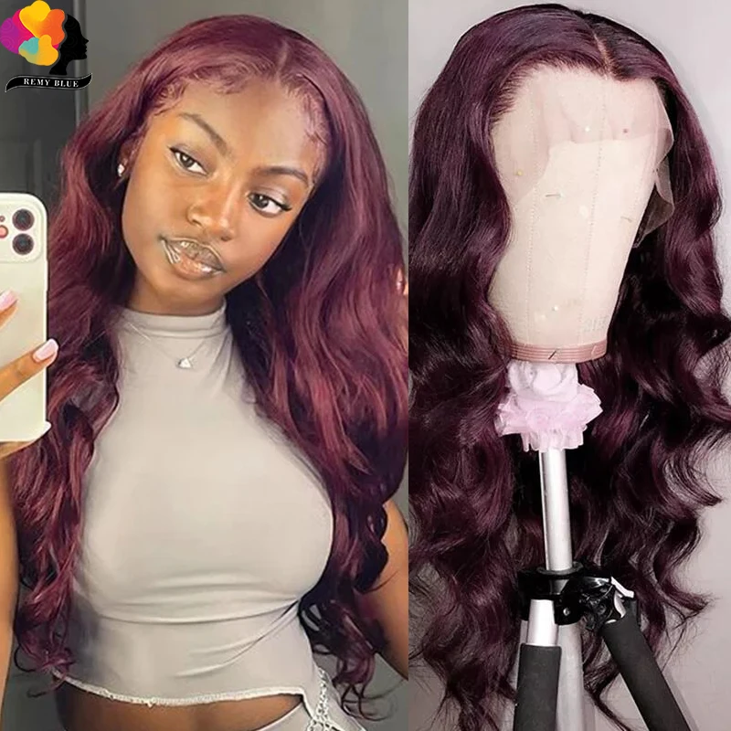 

REMYBLUE Body Wave 99j Burgundy Red Lace Front Human Hair Wigs Body Wave Transparent Lace Frontal Wigs Red Peruvian Remy 180%