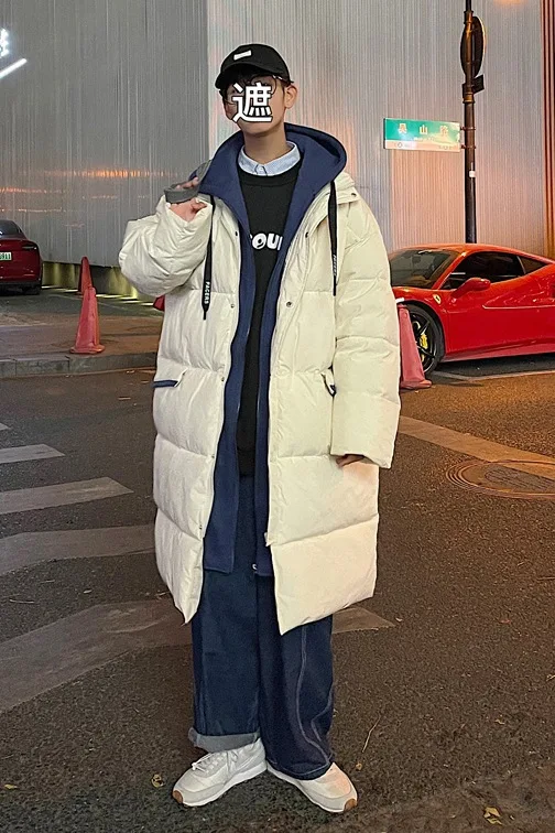 

Length Men's Parka Hooded False Two-piece Winter Outdoor Wind-proof Warm Casual Fashion Solid Preppy Style Male Add Cotton Coat