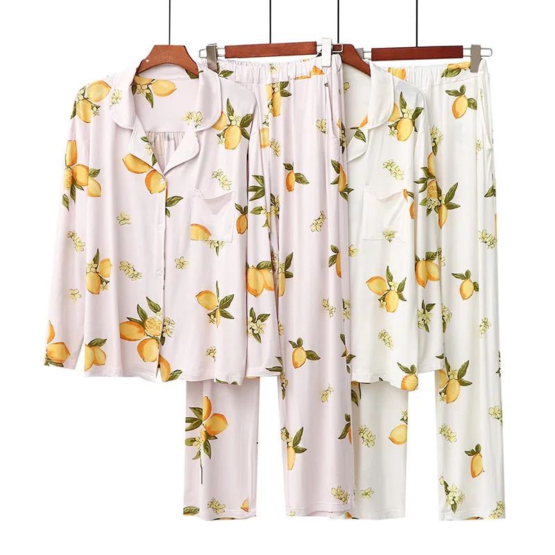 

Весенне-осенняя японская Модальная Пижама женский костюм брюки с длинным рукавом костюмы Домашняя одежда с принтом Фруктов лимона Костюм-д...