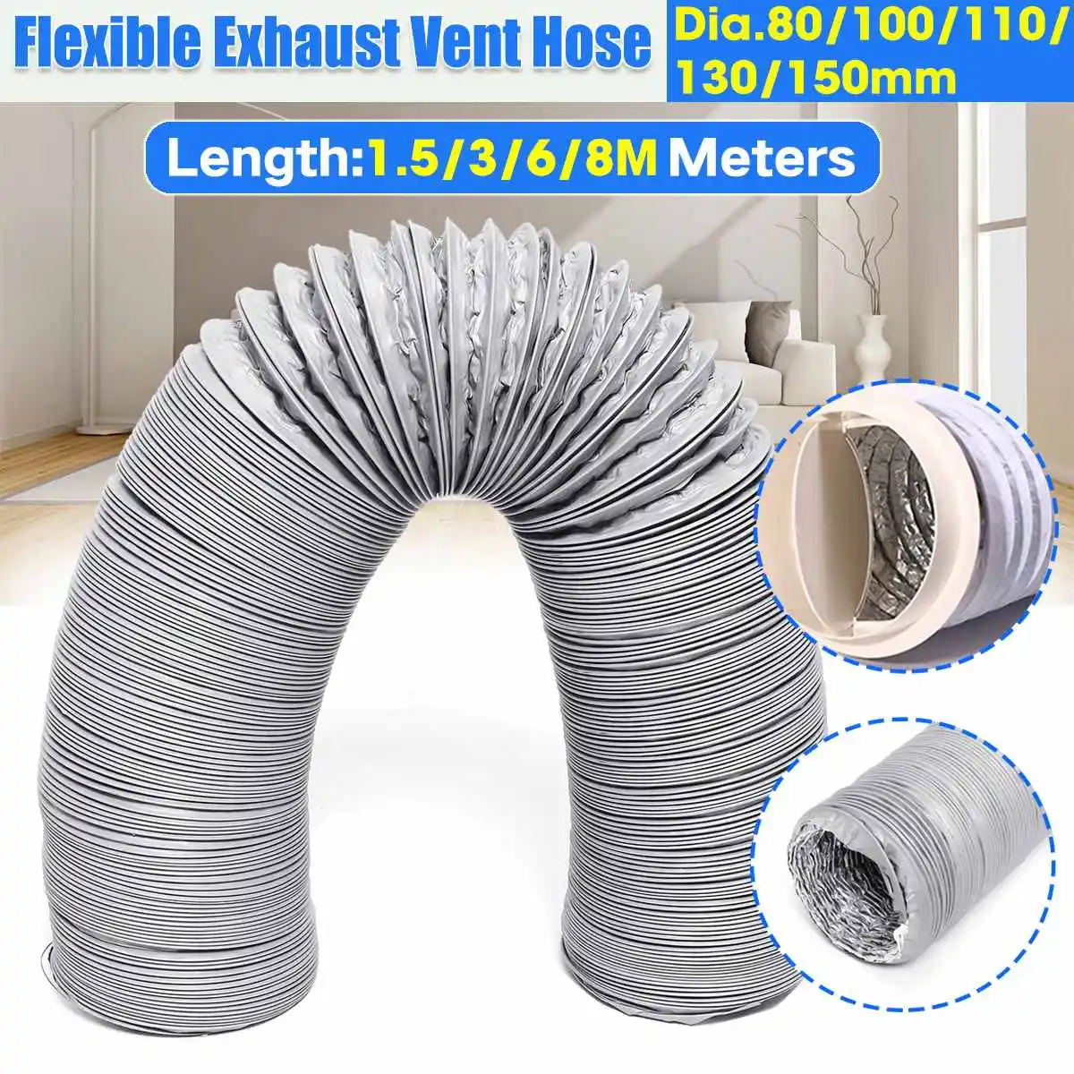 

Flexible Air Conditioner Exhaust Pipe Vent Hose Outlet 80mm/100mm/110mm/130mm/150mm Portable Air Conditioner Exhaust Vent Pipe