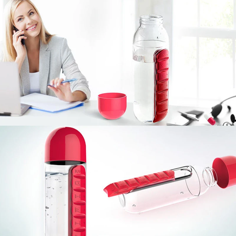 

600ml Pill Box Cum Water Bottle Sports Plastic Organizer Drinking Bottles Leak-Proof Bottle Tumbler Outdoor Dropshipping