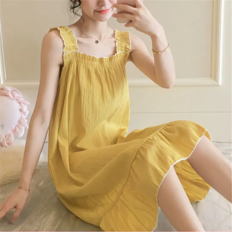 

Nightgowns Women Spaghetti Strap Thin Leisure Girls Sleepwear Sweet Loose Comfortable Ruffles Various Colors Simple Knee-length