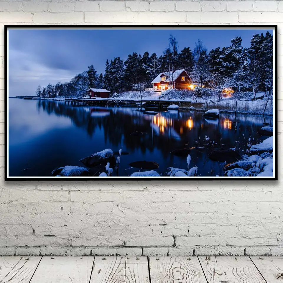 Звездное ночное пространство Зимний снег рок горы Альпы Пейзаж Живопись Холст