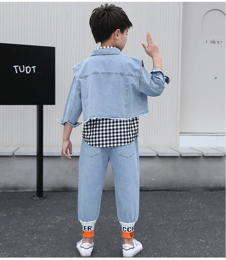 

3-12 Years children's clothing suit boys kids big boys denim suit Tracksuit Autumn clothes Vest + Trousers+Plaid Shirt 3pcs Sets
