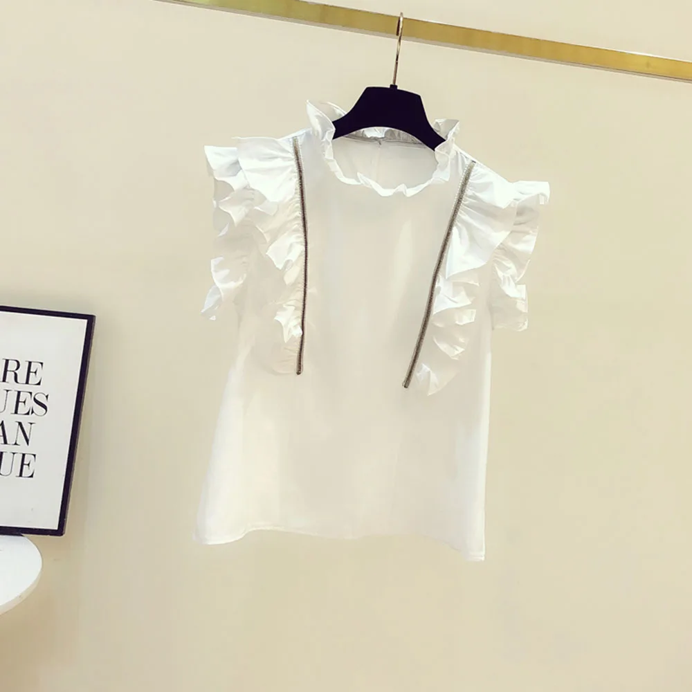 

Fungus Stand-up Collar Flying Sleeves Solid Color Ruffle Women's T-Shirt Nice Summer Pop Japanese Style Fashion Casual Simplicit