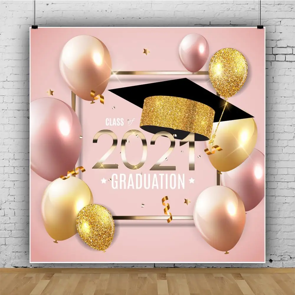 

Class of 2021 Graduation Photography Backdrop Bachelor Hat Gold Ribbon Sequin Balloon Baby Party Background Photo Studio Vinyl